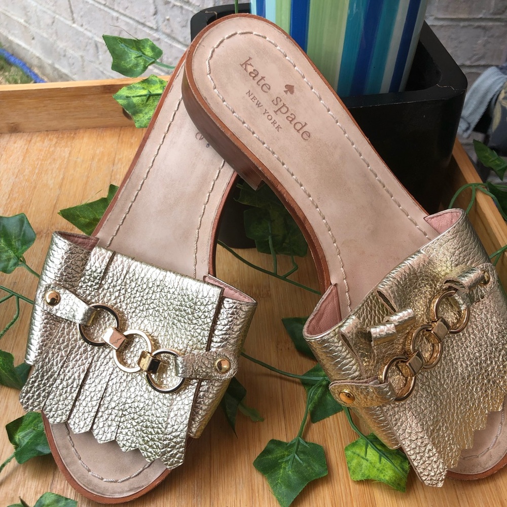 KATE SPADE Women's Brie Slide Sandal Fringe Chain Metallic Gold Leather Sz $99